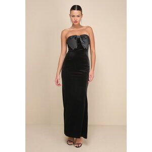 Lulus Dramatic Stunner Black Velvet Bow Strapless Maxi Dress - Size S